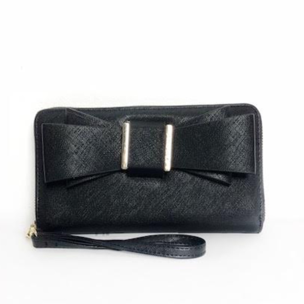 Betsey Johnson Black & Gold Bow Zip Wallet NWT